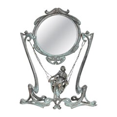Art Nouveau Bronze Table Vanity Mirror With Lady on Swing, Circa 1910