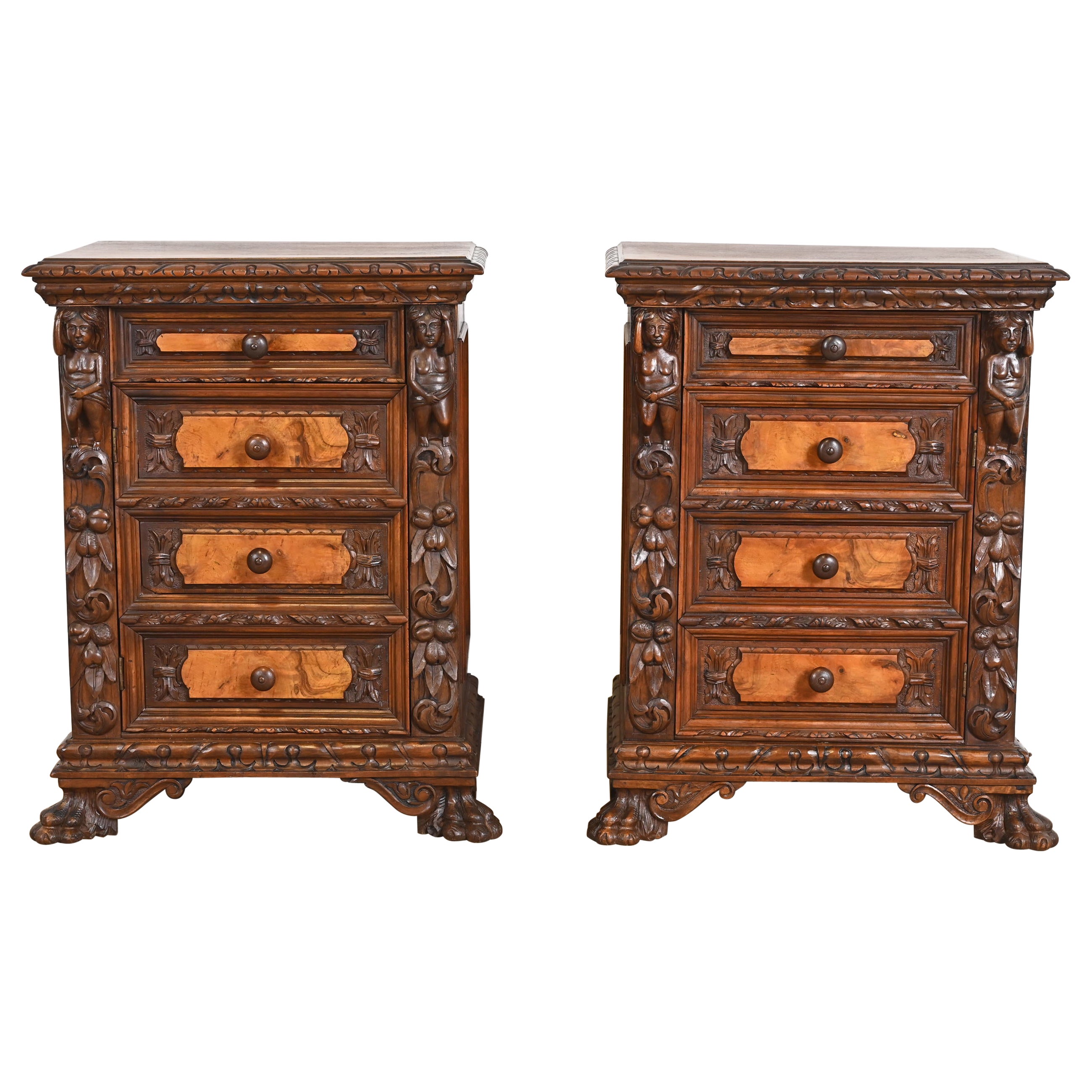 Antique Italian Renaissance Revival Carved Walnut and Burl Wood Bedside Chests