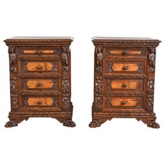 Antique Italian Renaissance Revival Carved Walnut and Burl Wood Bedside Chests