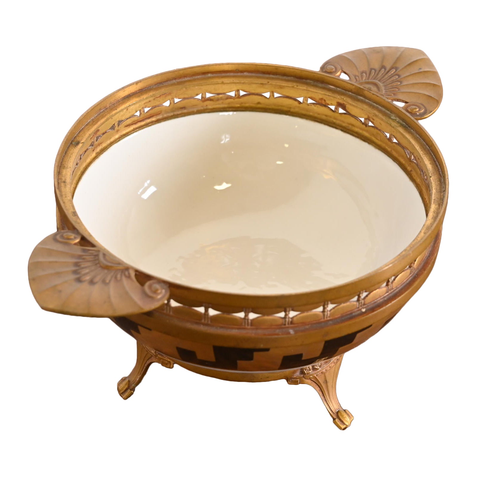 French Art Deco Bronze and Porcelain Footed Bowl or Compote Dish by A. Hnazary