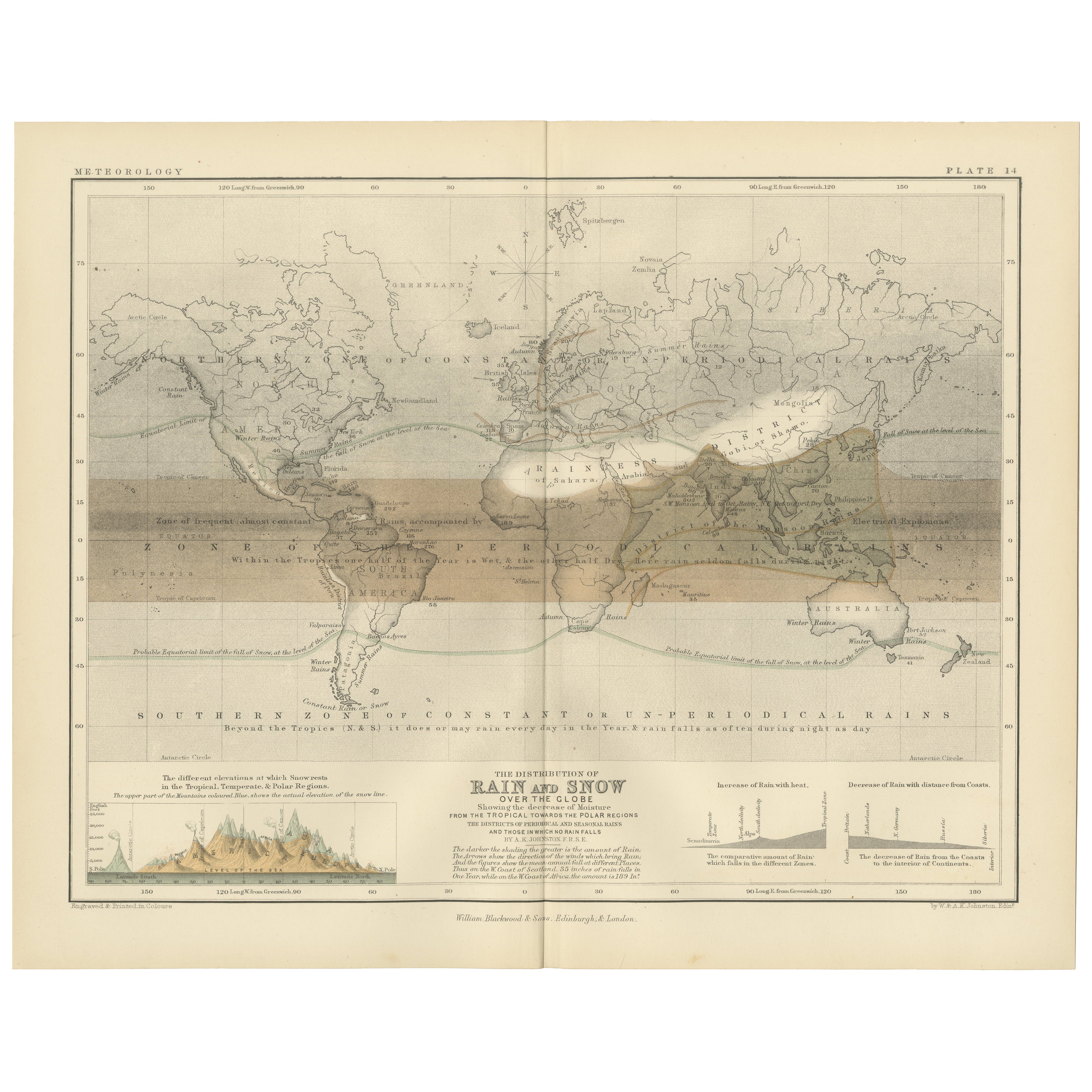 Rain and Snow Map by A.K. Johnston – Global Precipitation Chart 1852