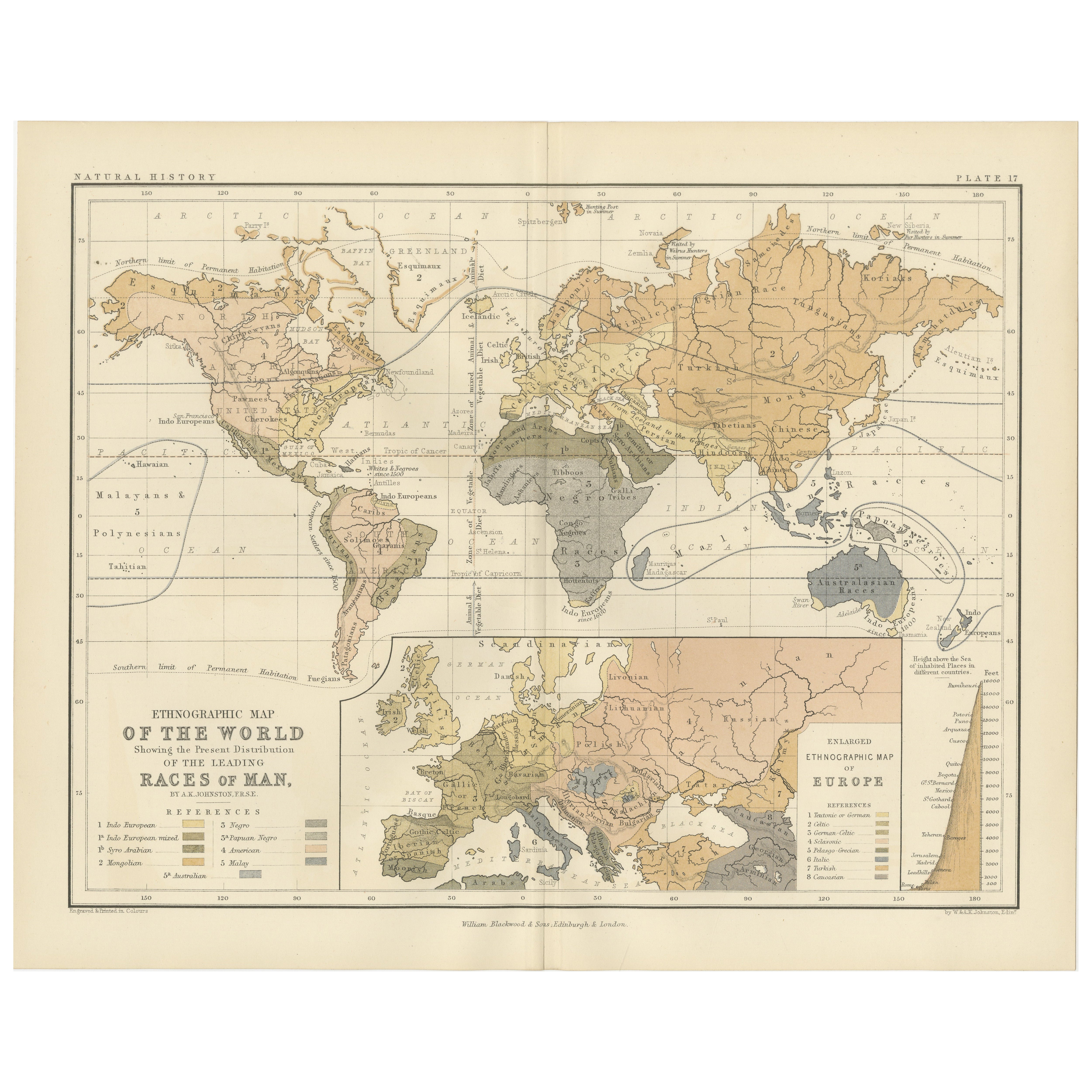 Ethnographic Map of the World by A.K. Johnston – Races of Man Chart 1852