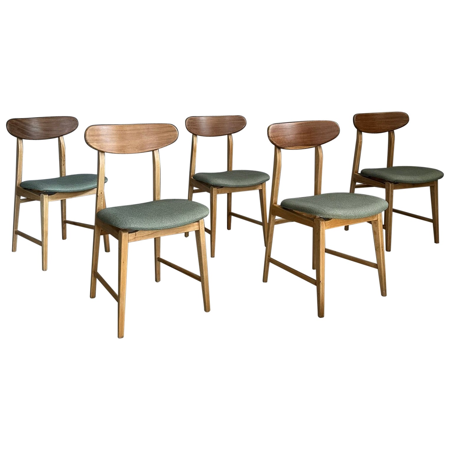 Set of 5 dining chairs, 1960s, wooden frame, light green fabric seat For Sale