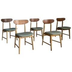 Vintage Set of 5 dining chairs, 1960s, wooden frame, light green fabric seat