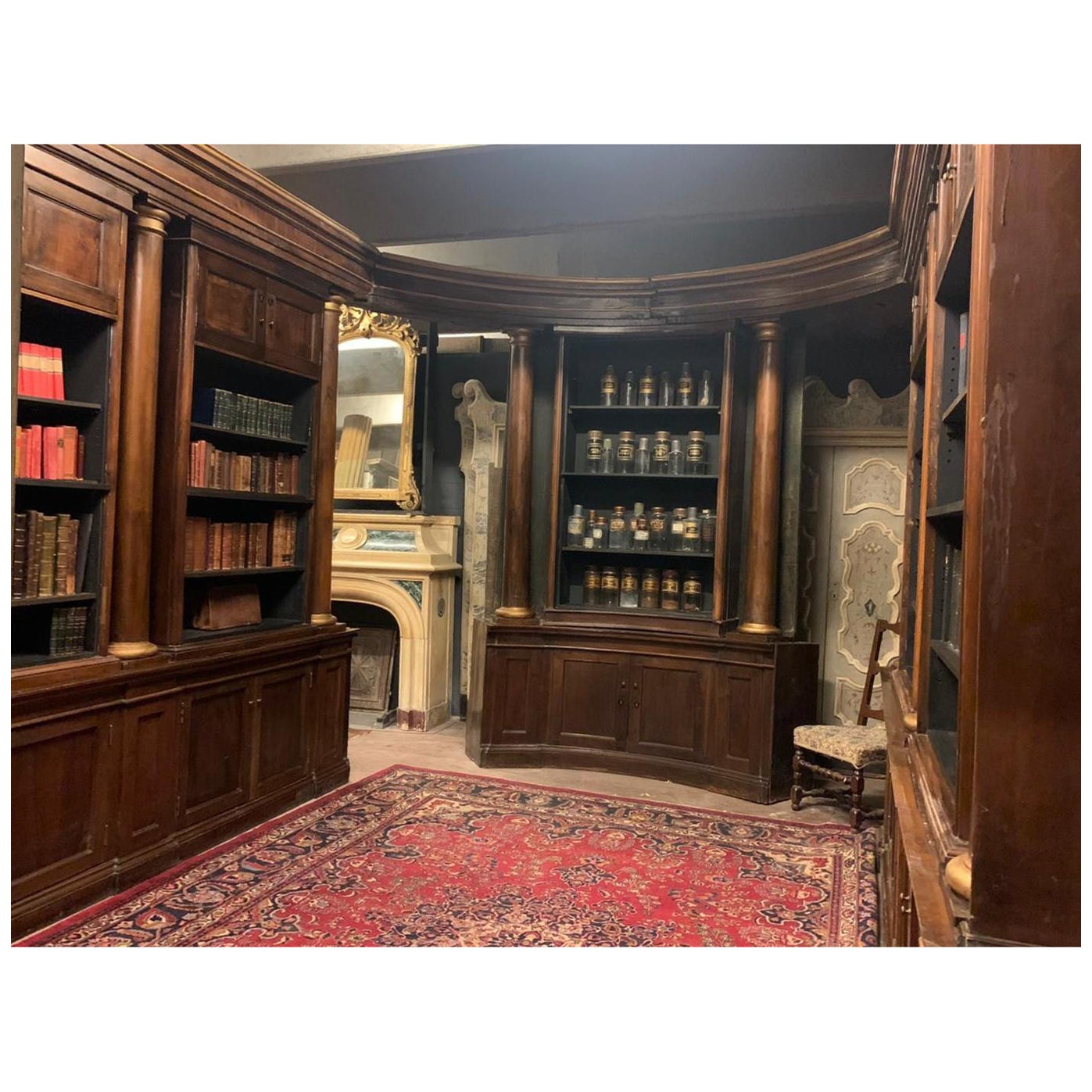 Semicircular Pharmacy Cabinet, lateral columns embellished and gilted, Italy For Sale