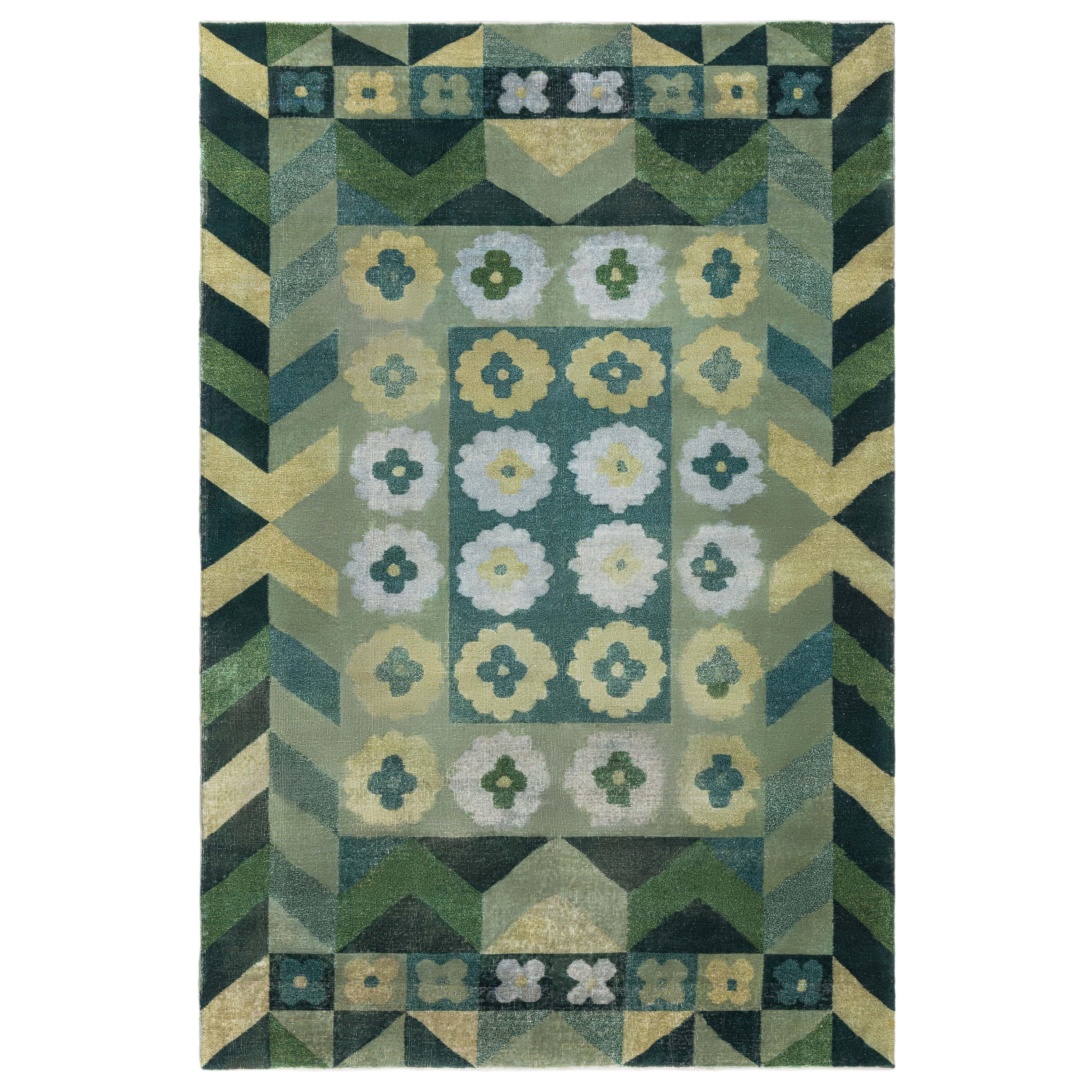 Art Deco Design Green Handmade Wool Rug Doris Leslie Blau For Sale