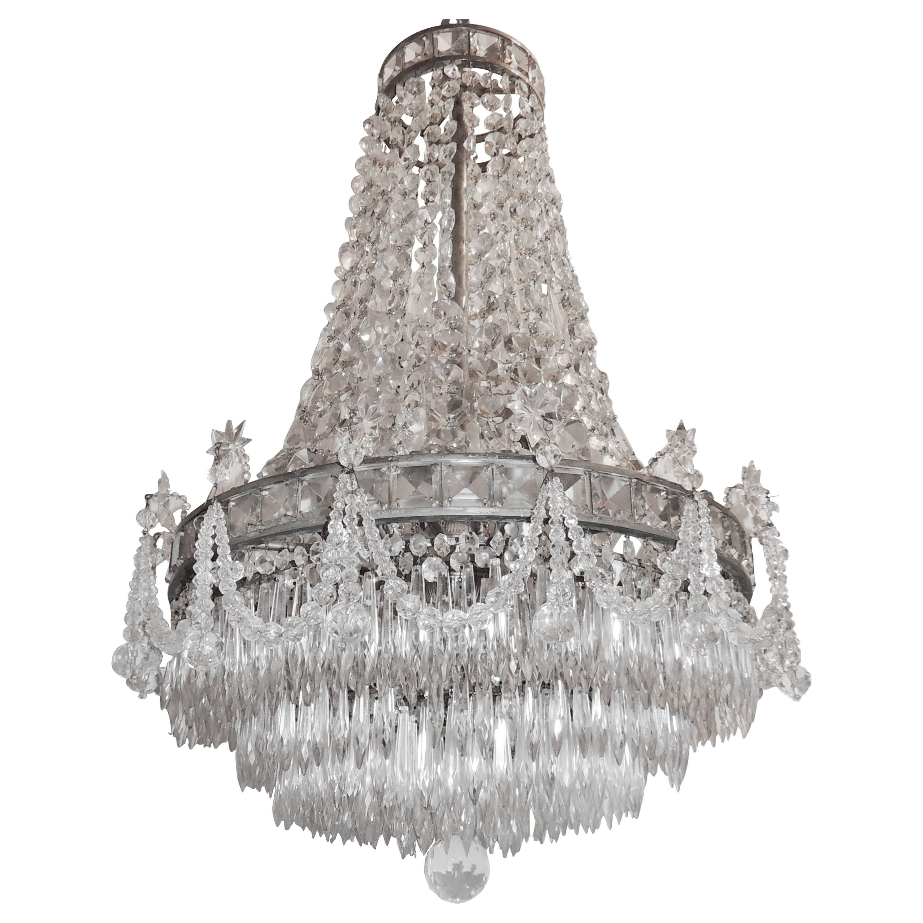 Wonderful French Silvered Bronze Graduated Crystal Tier Waterfall Chandelier For Sale