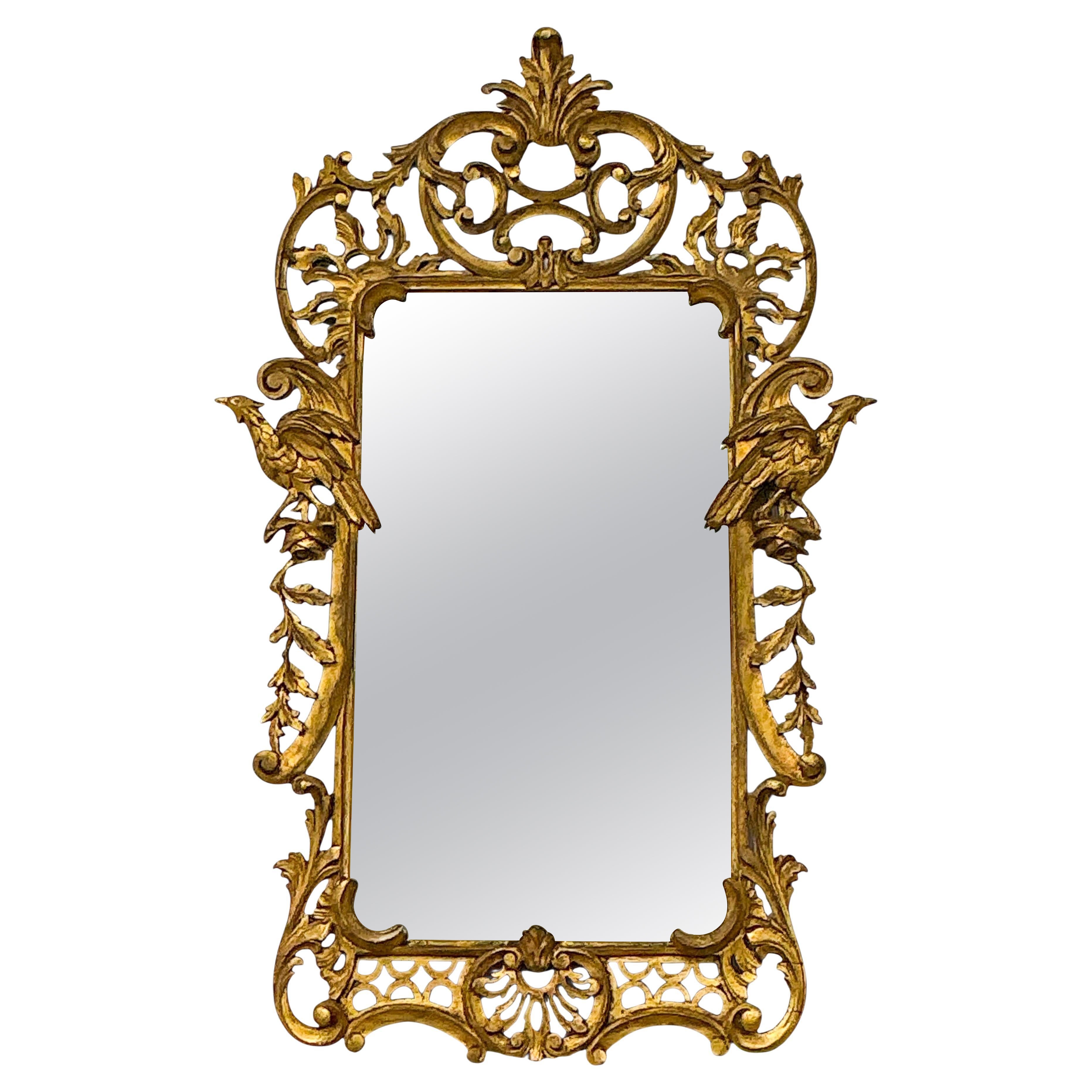 Early Italian Carved Giltwood Chinese Chippendale Style Mirror W/ Ho Ho Birds For Sale