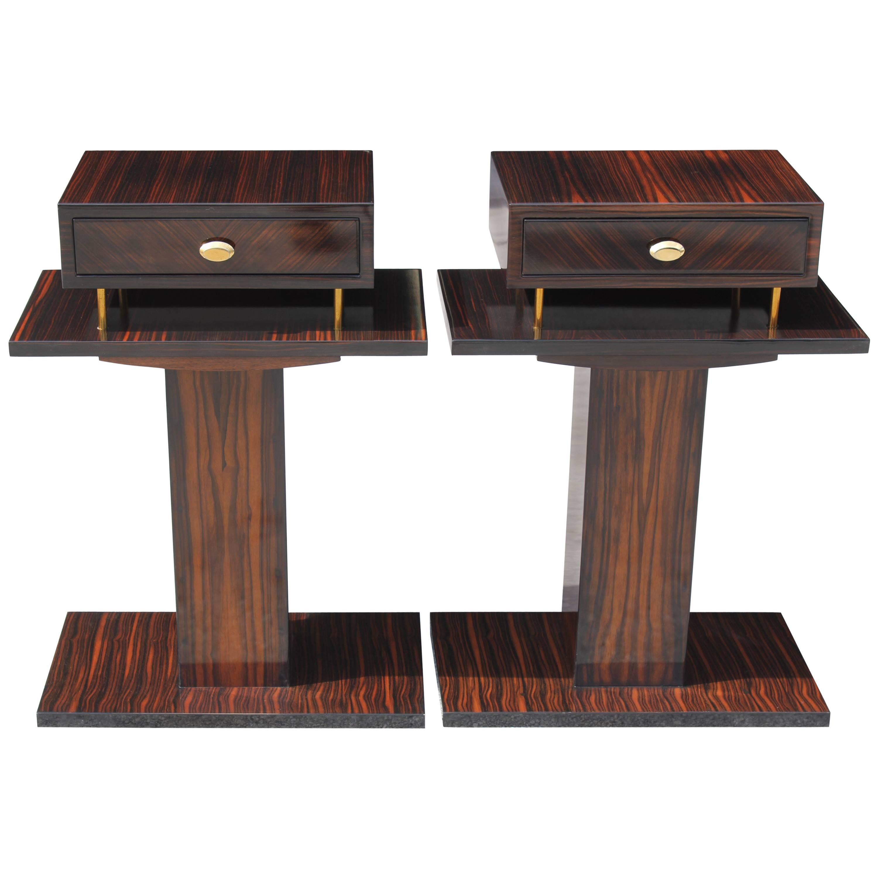 Grand Pair French Art Deco Exotic Macassar Ebony Night Tables, End Tables, 1940s