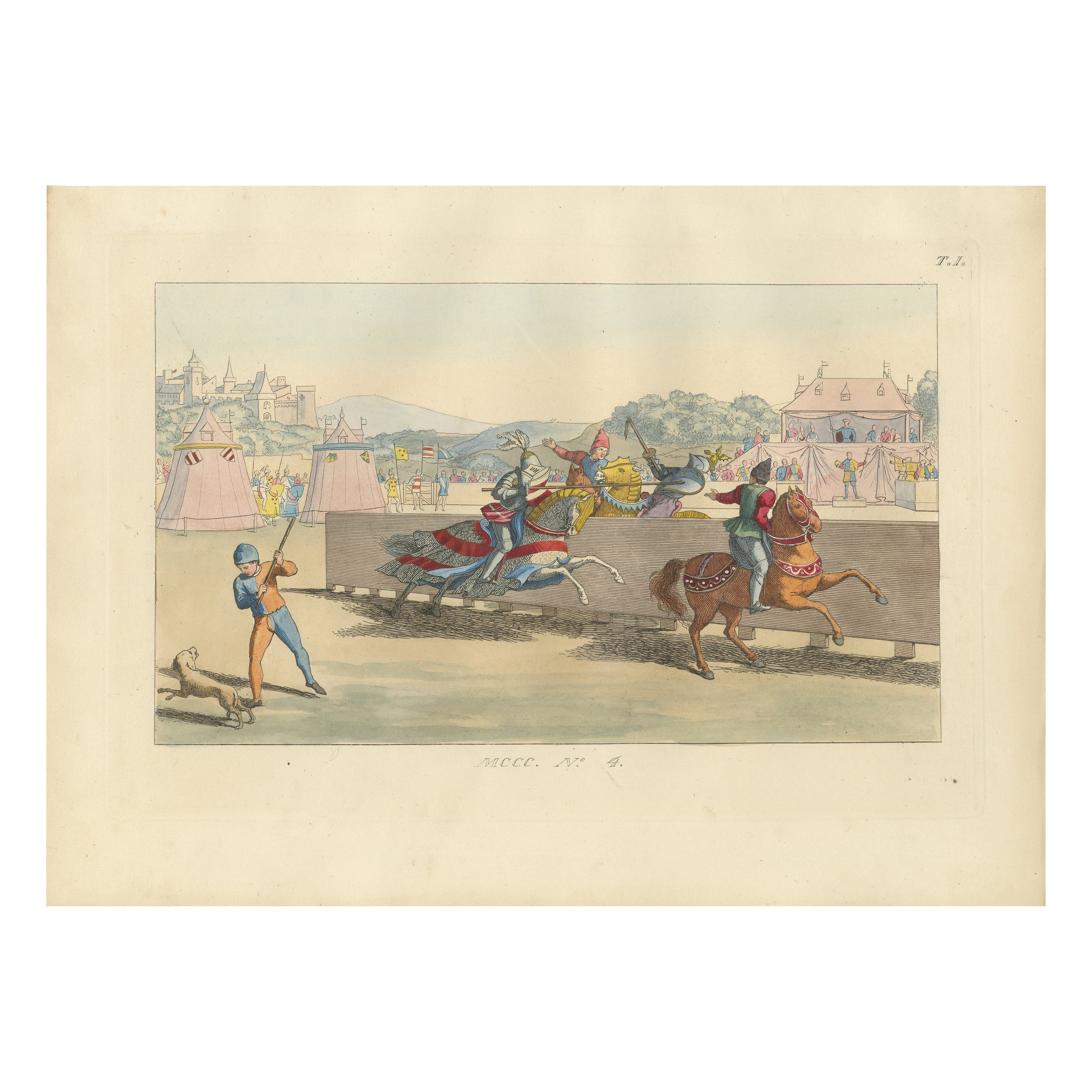 Medieval Tournament Joust Scene with Knights and Spectators, 1845