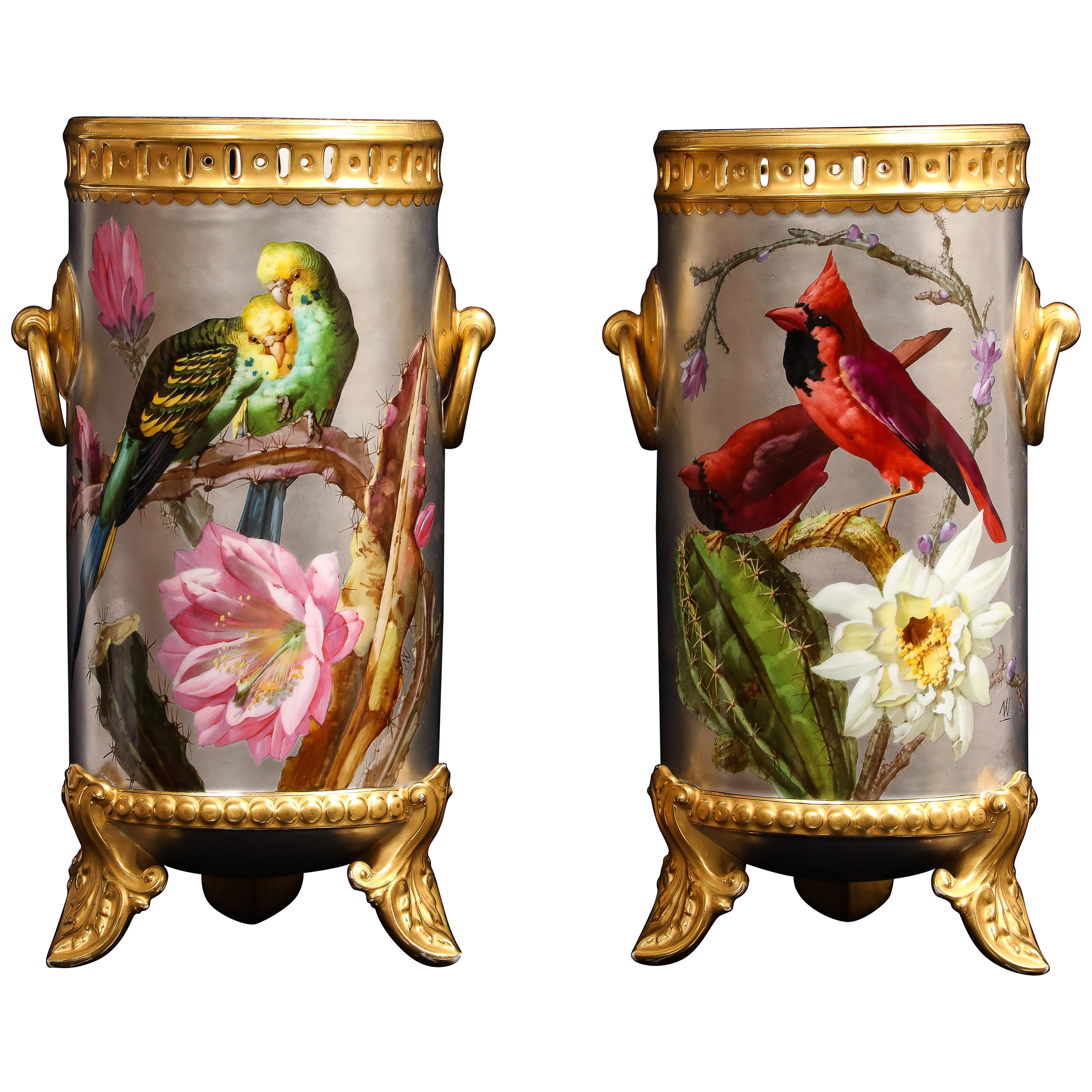 Massive Platinum-Ground Paris Vases with Birds & Flowers, Signed Narcisse Vivien For Sale