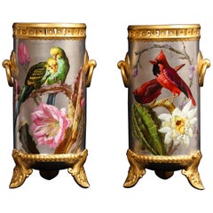 Massive Platinum-Ground Paris Vases with Birds & Flowers, Signed Narcisse Vivien