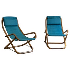 Pair of Foldable Reclining Armchairs In Curved Bamboo, Italy 1970s