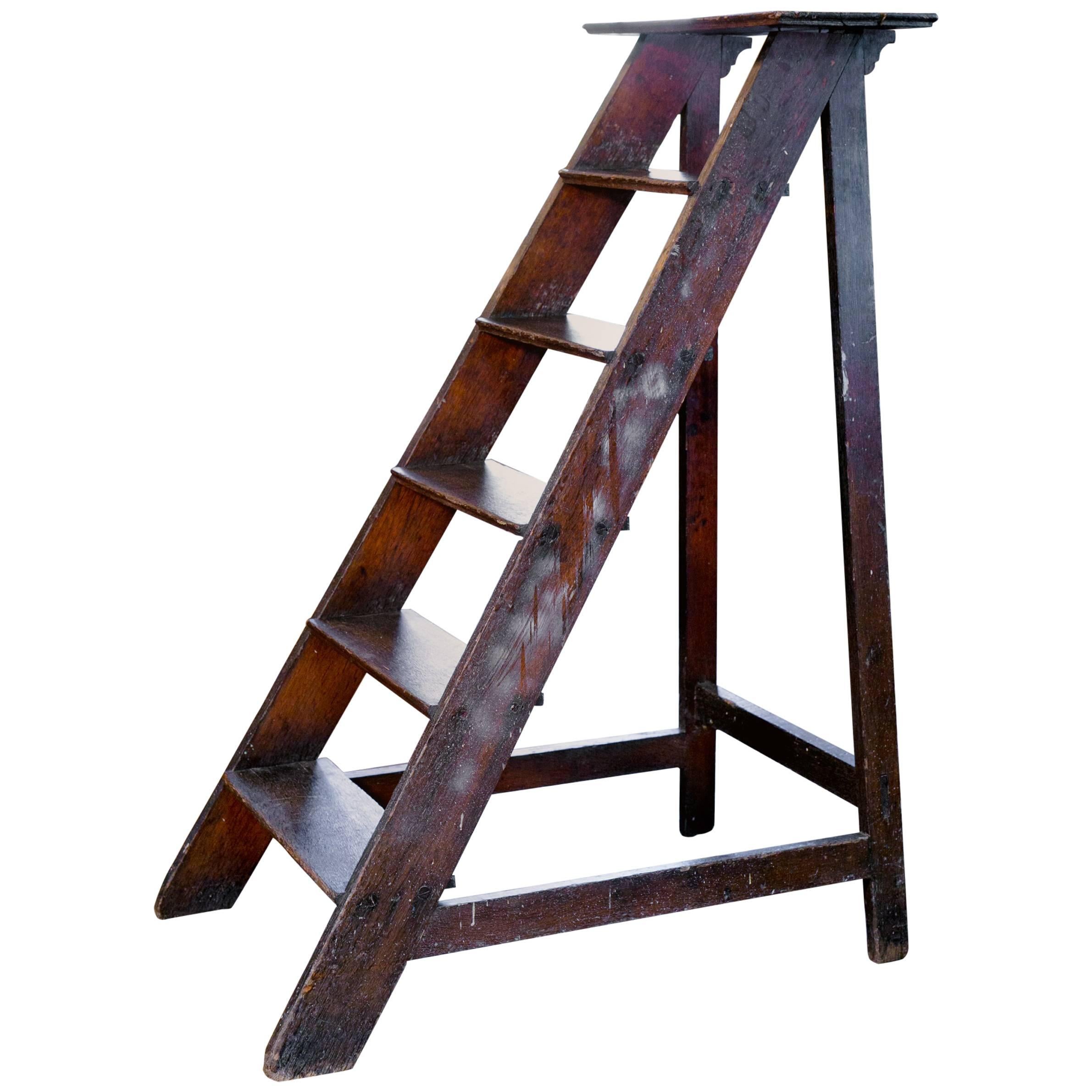 Antique Wooden Library Ladder from Belgium
