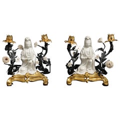 Pair of French Ormolu Mounted Chinese blanc de chine Guanyin Candelabra