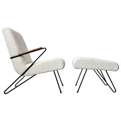 1950s Mid Century Modern Iron Lounge Chair and Ottoman in Cream Boucle