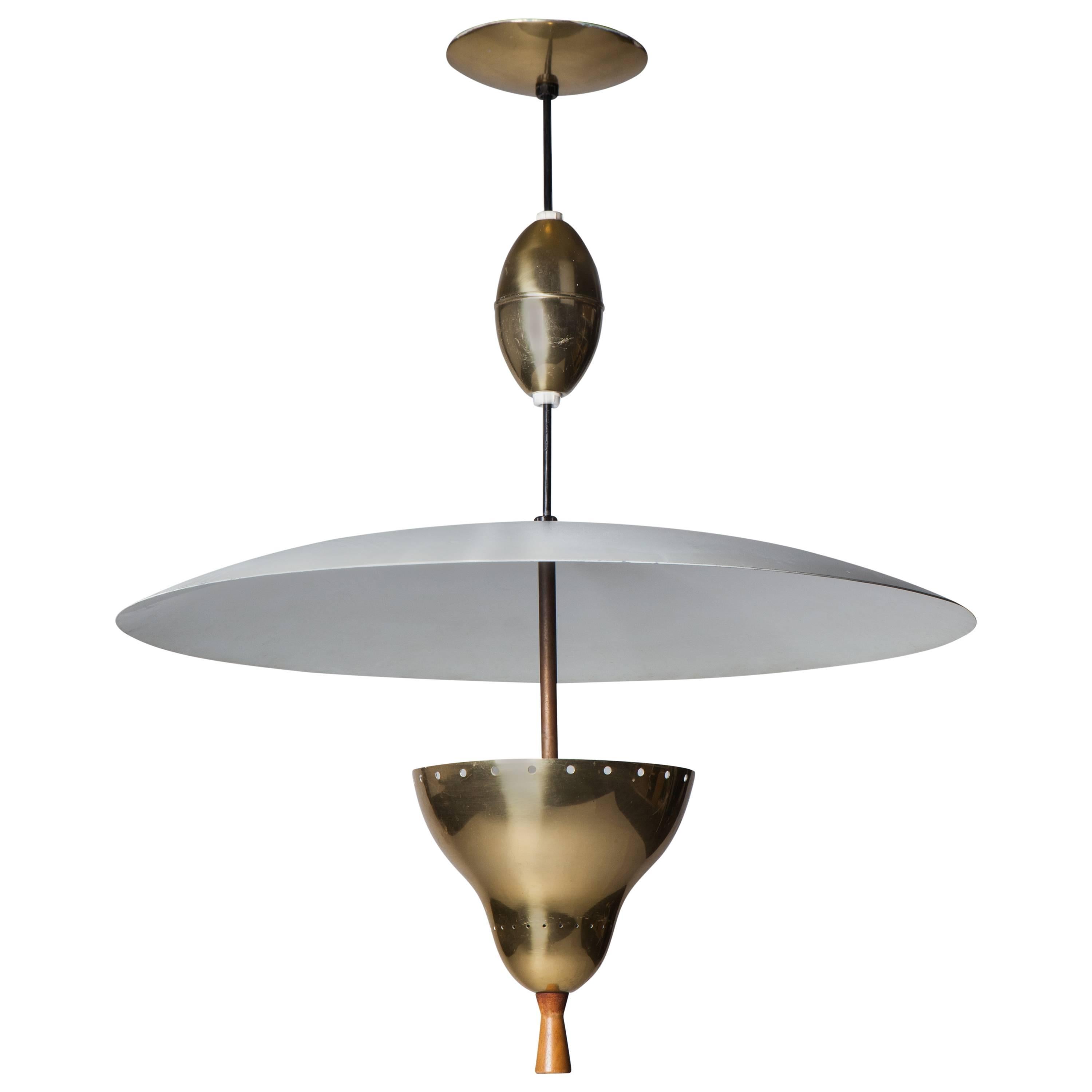 Mid Century Modern Lightolier Brass and Wood Pulley Light, Circa 1950