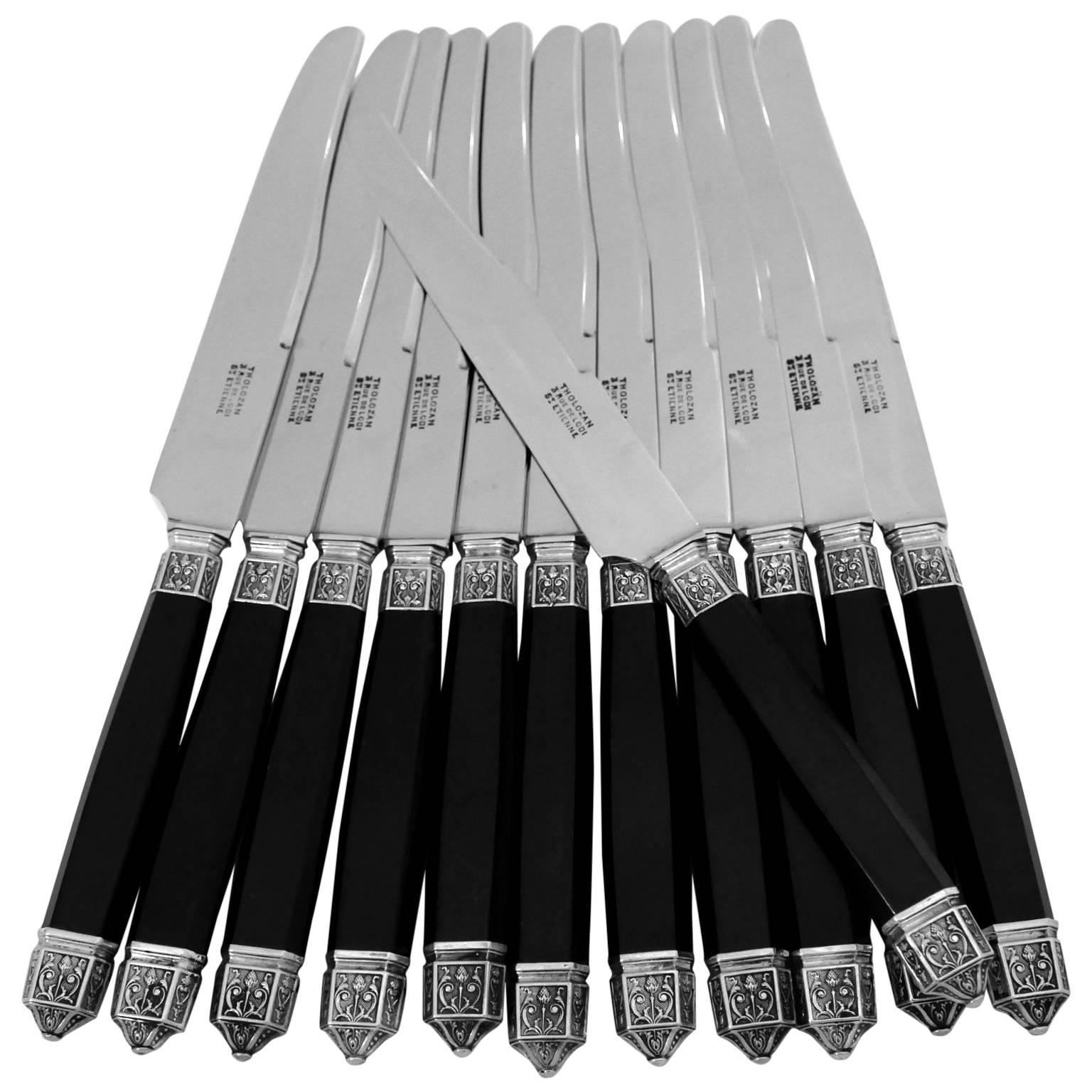 French Silver Ebony Dinner Knife Set 12 pc Renaissance Stainless Blades For Sale