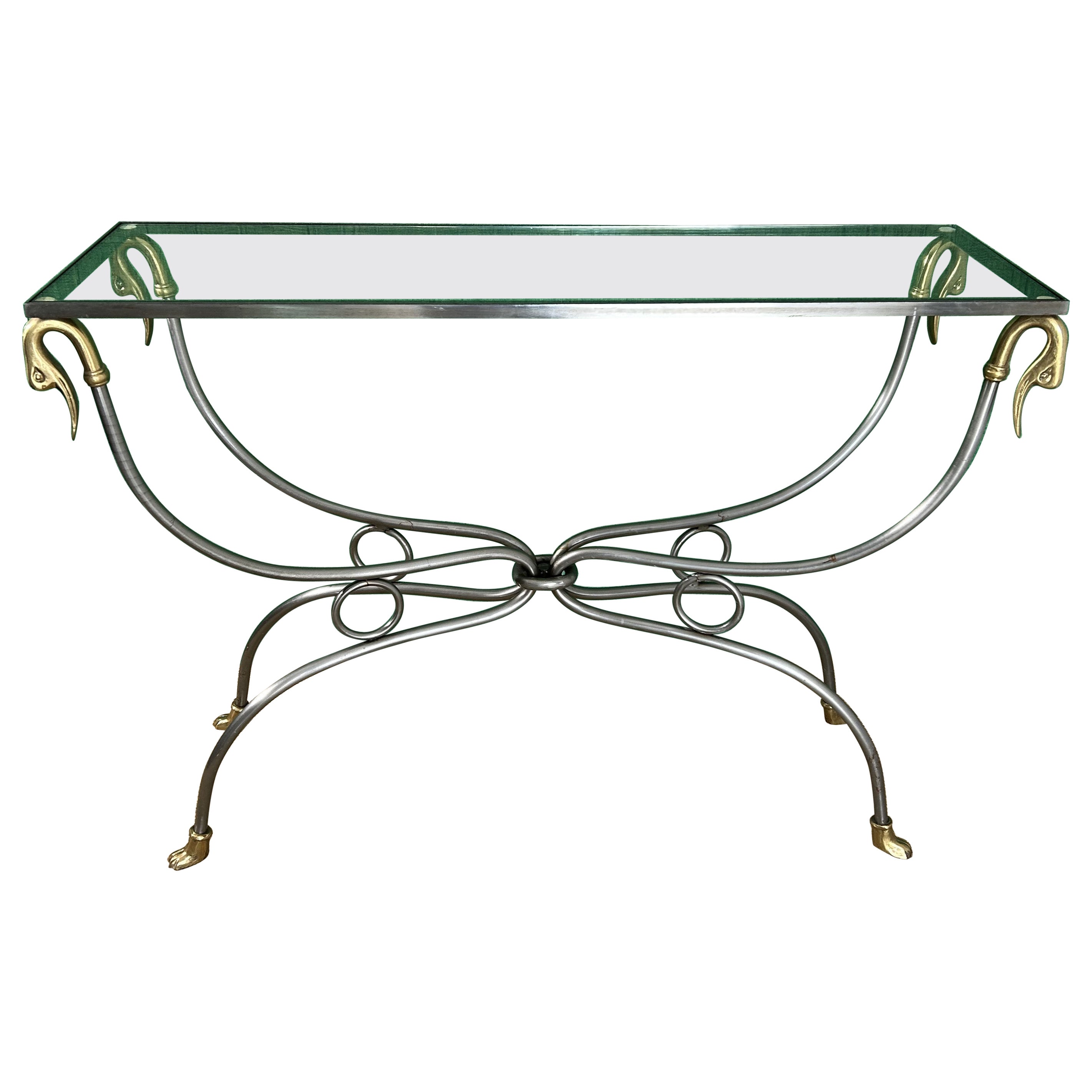 Polished Steel & Brass Console Table, Maison Jansen Style, France, Mid-Century For Sale