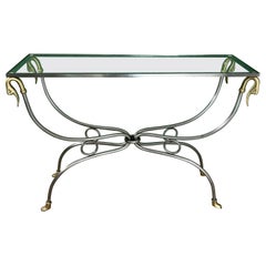 Polished Steel & Brass Console Table, Maison Jansen Style, France, Mid-Century