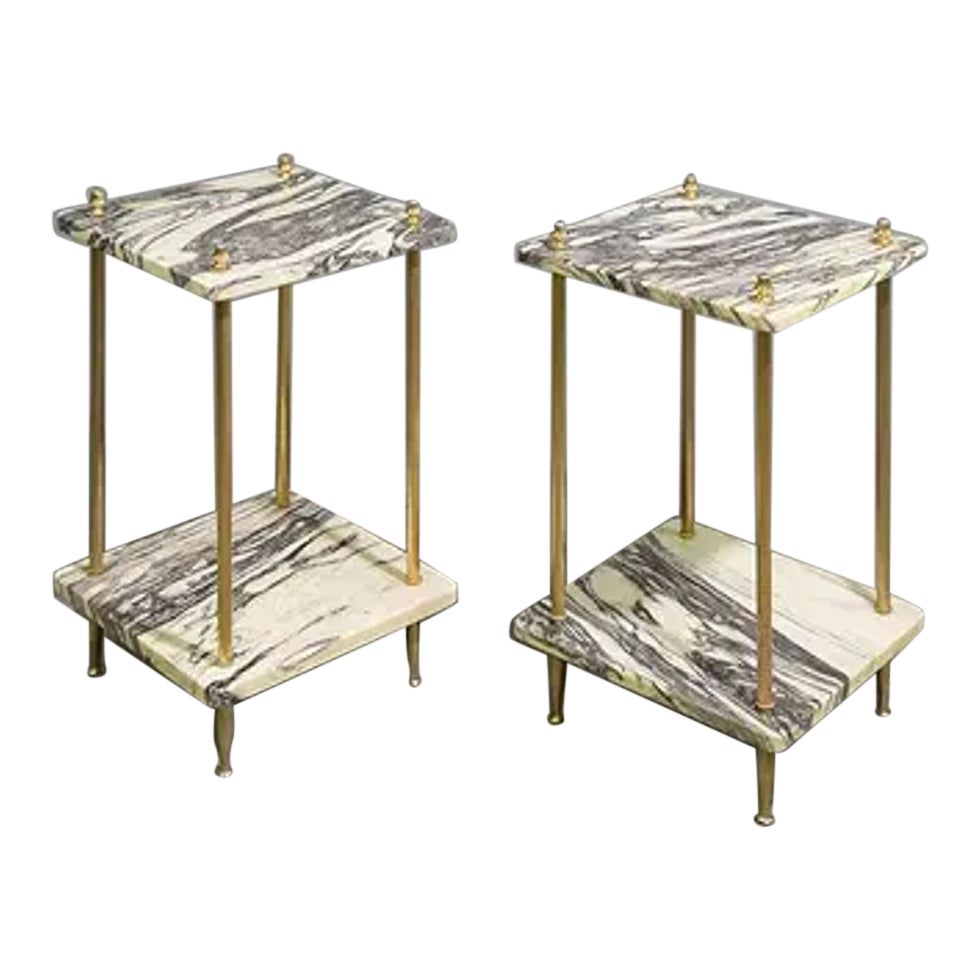 Pair of Vintage Maison Jansen Brass and Breccia Marble Side Tables