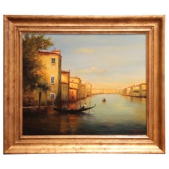 Mid-Century Venetian Canal Oil Painting in Gilt Frame Signed Georges Quintaine