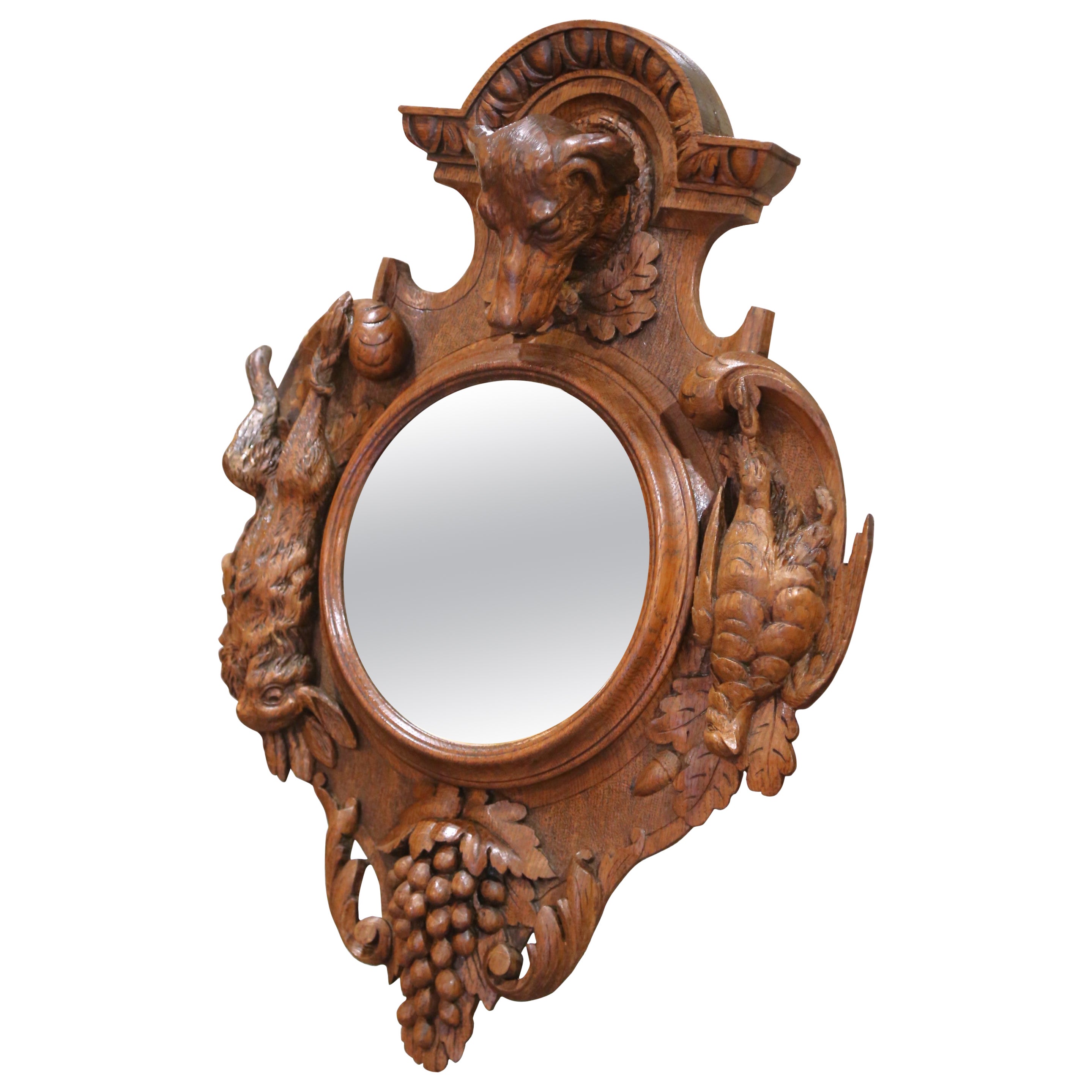 19th C. Black Forest Carved Walnut Hunt Mirror with Dog, Game, and Grapes For Sale