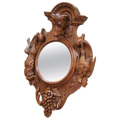 19th C. Black Forest Carved Walnut Hunt Mirror with Dog, Game, and Grapes