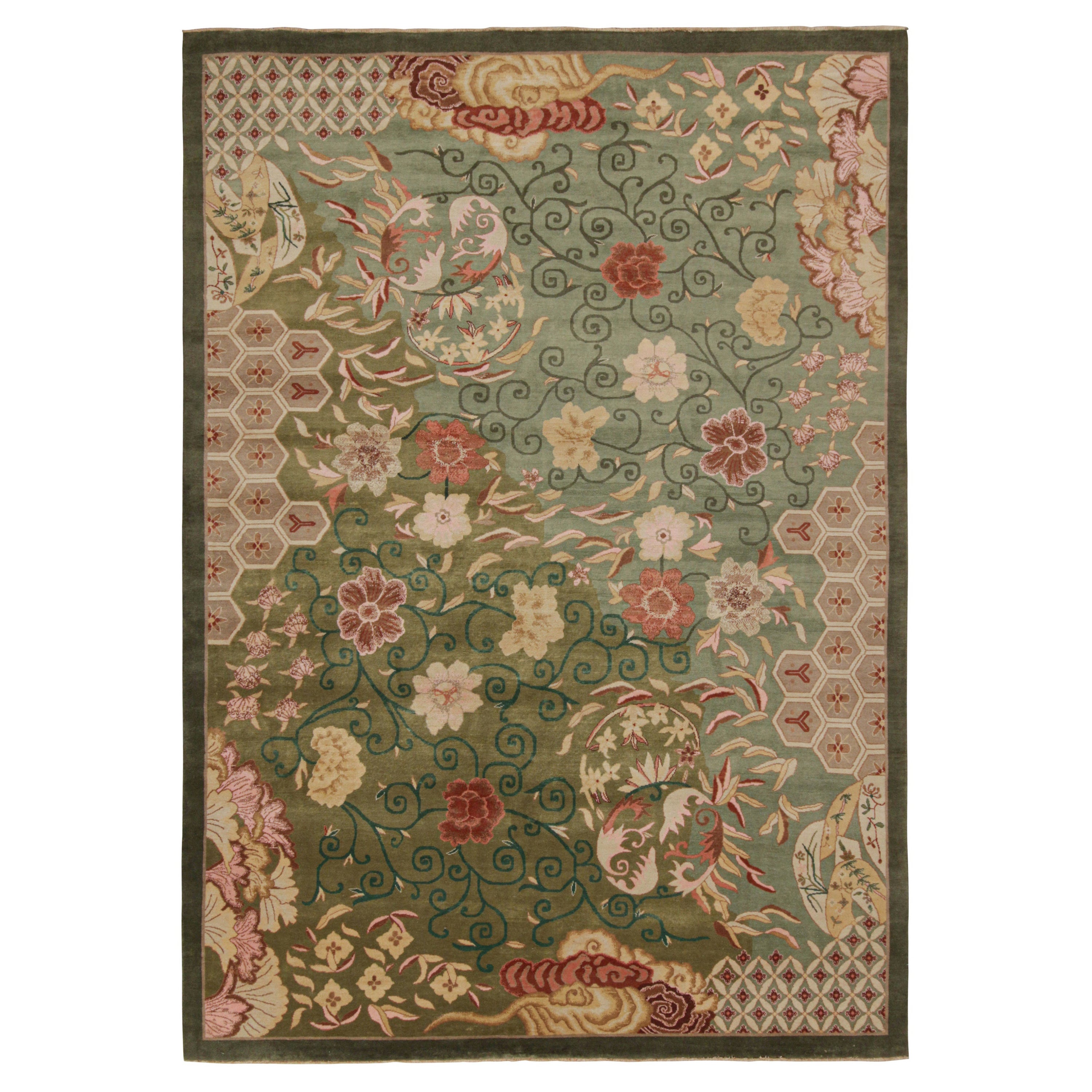 Rug & Kilim’s Chinese Style Art Deco rug in Green with Red & Gold Florals For Sale