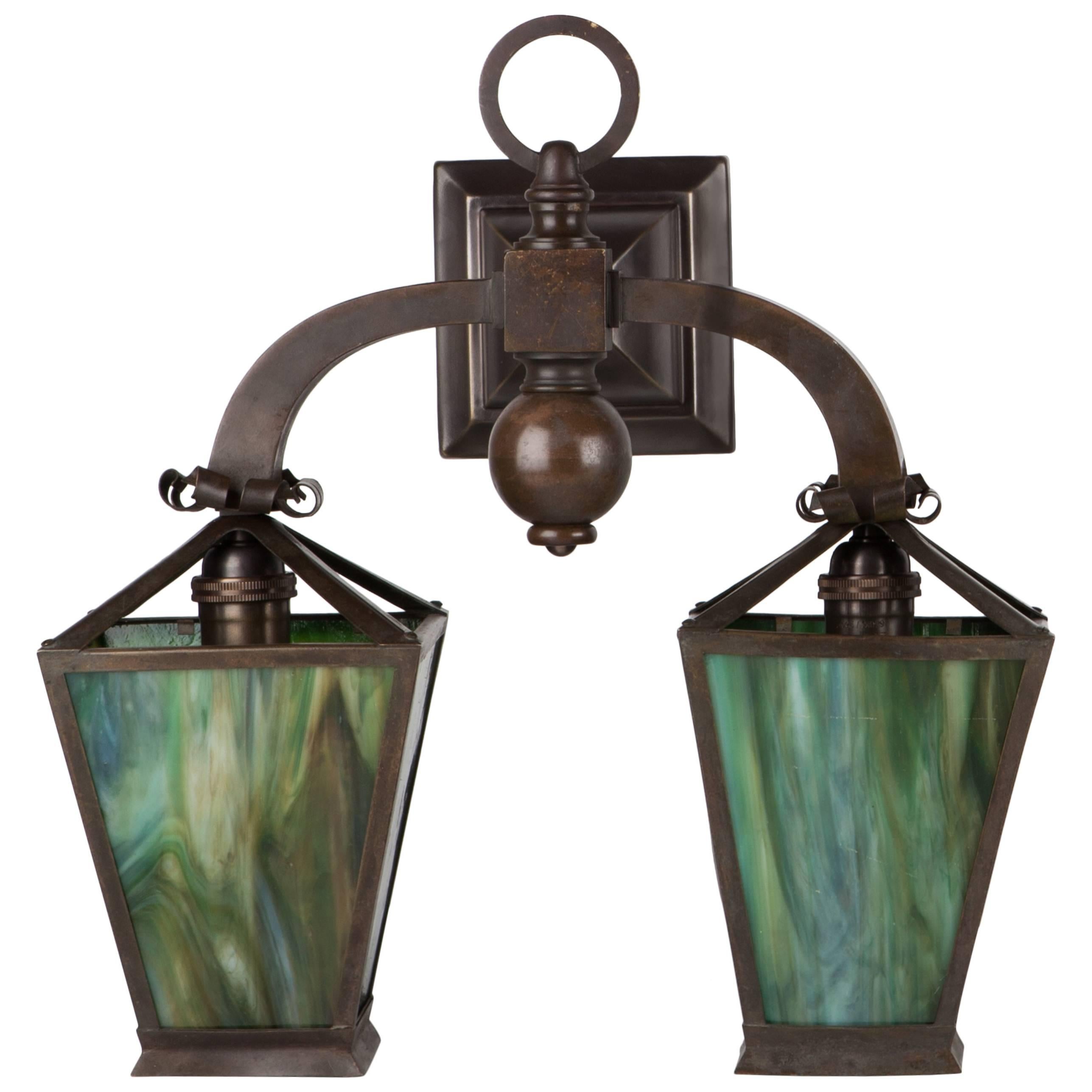 Arts and Crafts Green Art Glass and Brass Sconces, Circa 1920