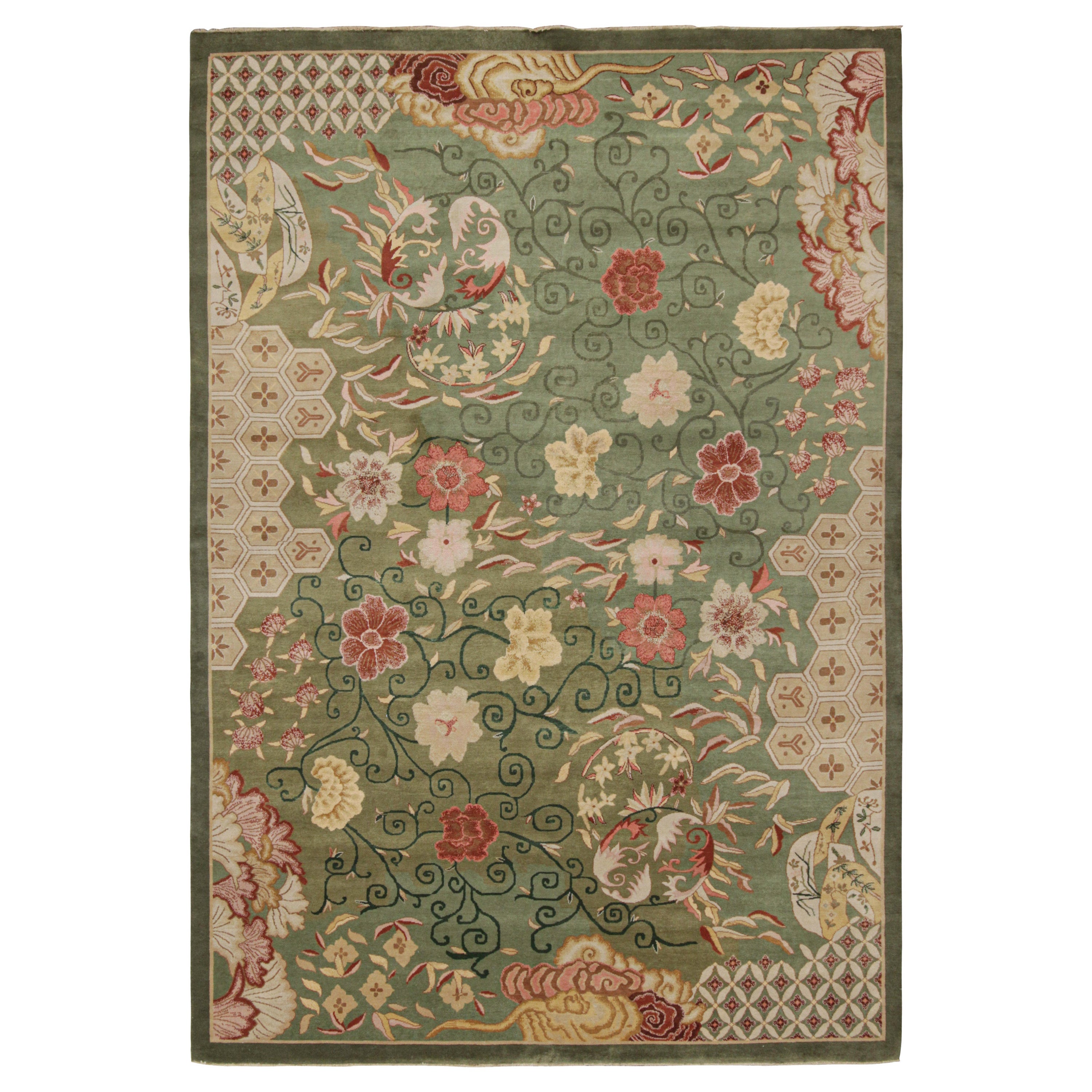 Rug & Kilim’s Chinese Style Art Deco rug in Green with Red & Gold Florals