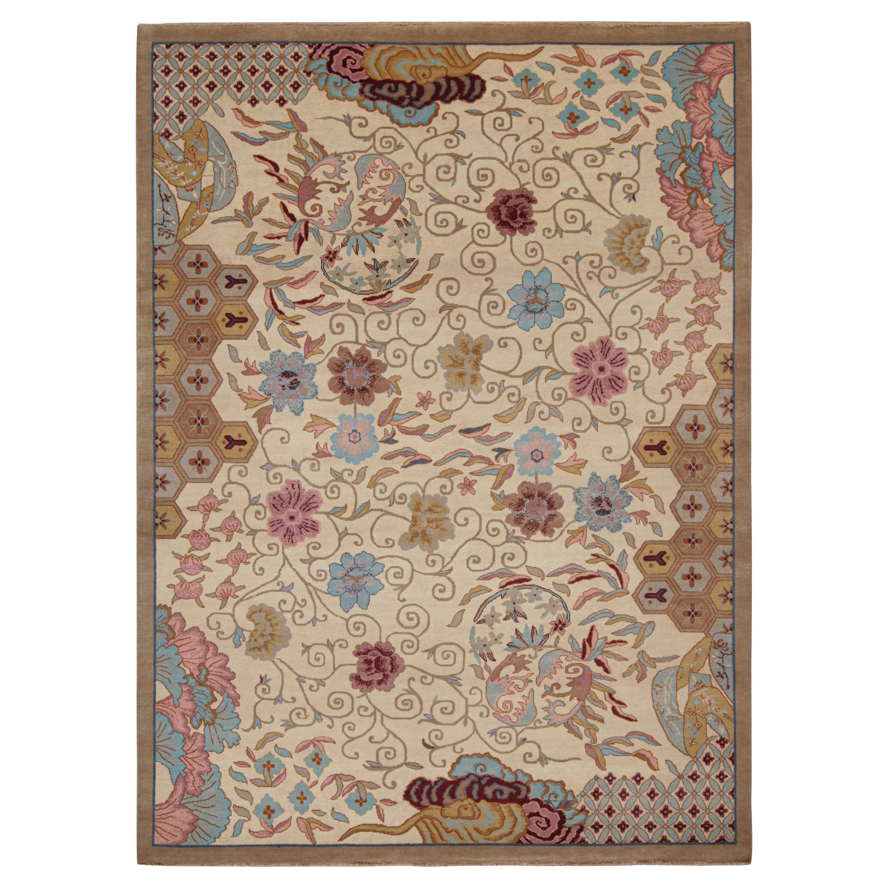 Rug & Kilim’s Chinese Art Deco Style Rug in Beige-Brown with Floral Patterns For Sale