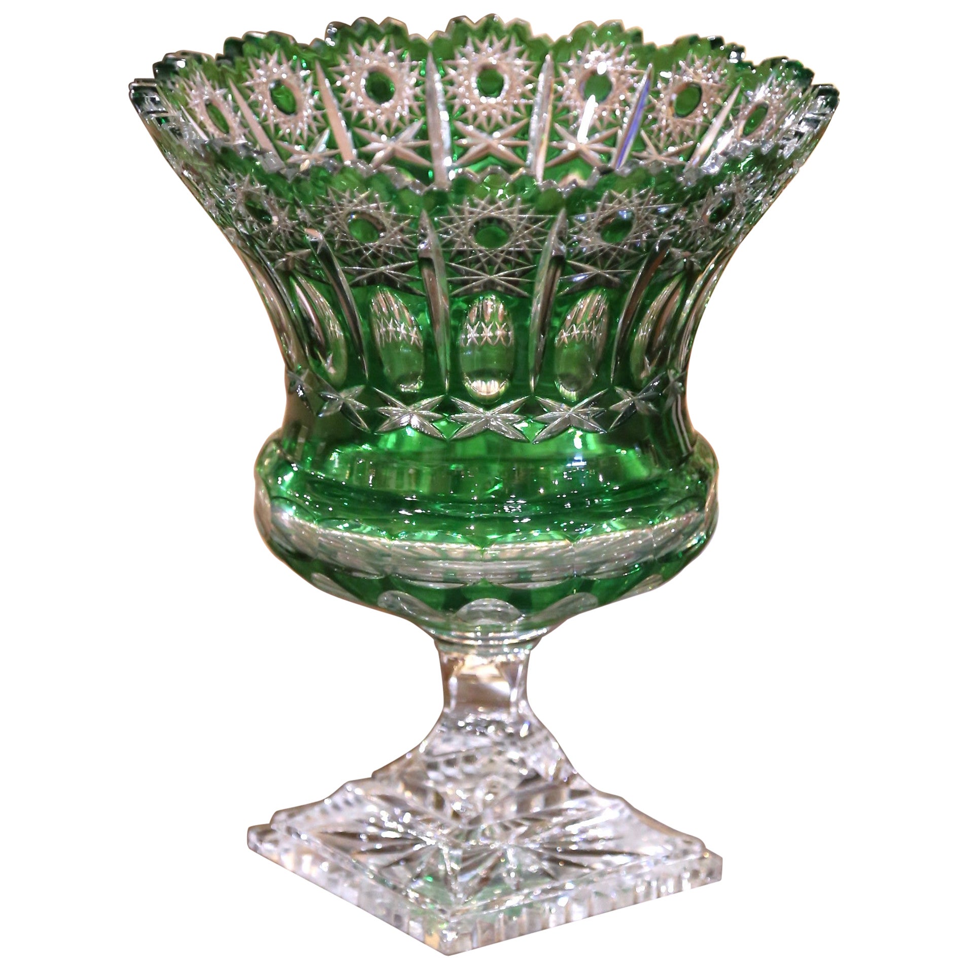 Mid-Century Bohemian Cut-to-Clear Green Crystal Compote with Starburst Motifs