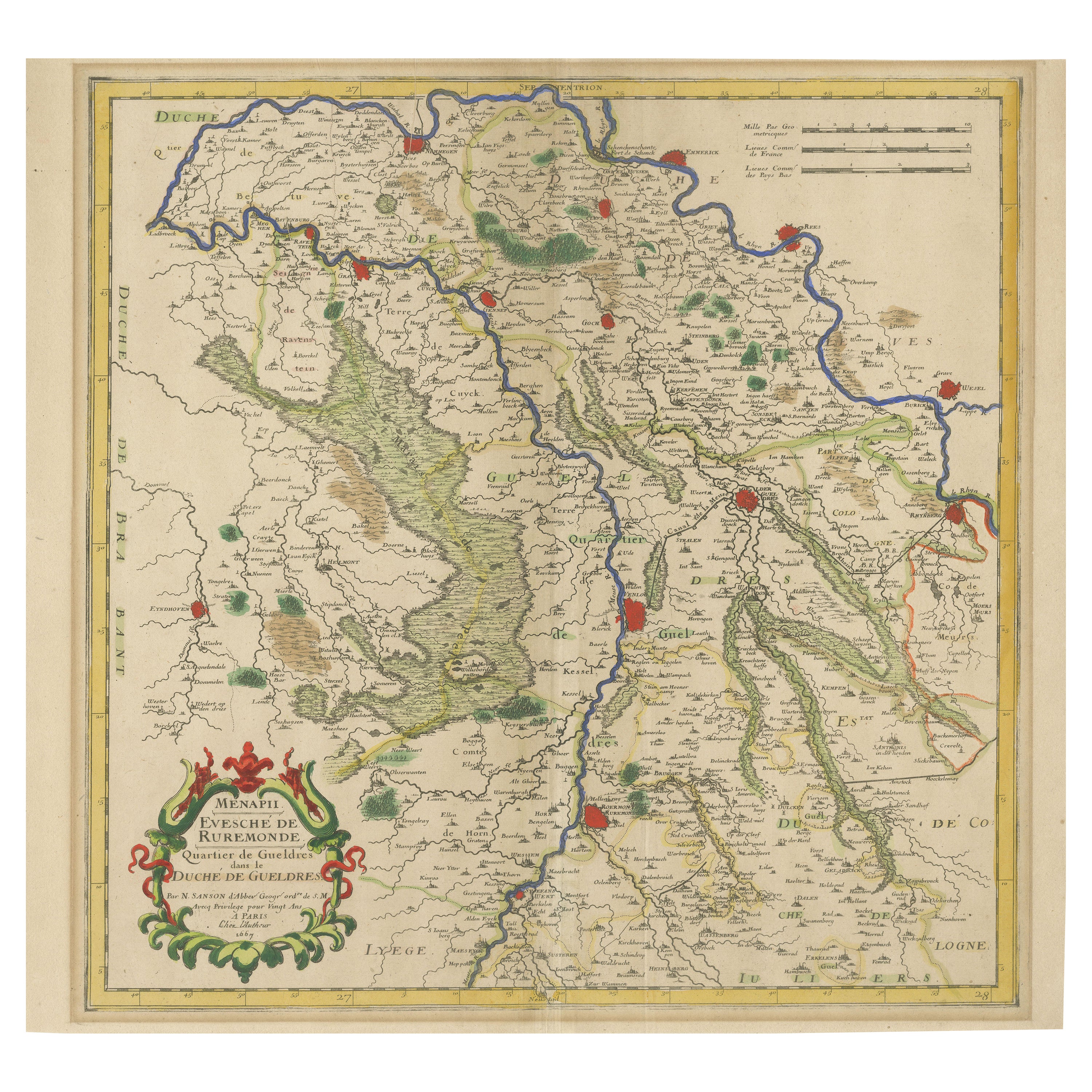 Antike Karte von Roermond und dem Herzogtum Geldern von Sanson - handkoloriert, ca. 1667 im Angebot