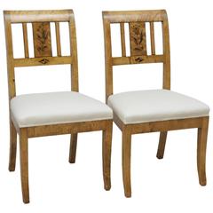 Pair of Swedish Art Deco Side Chairs in Birch with Black Stenciled Flowers 1