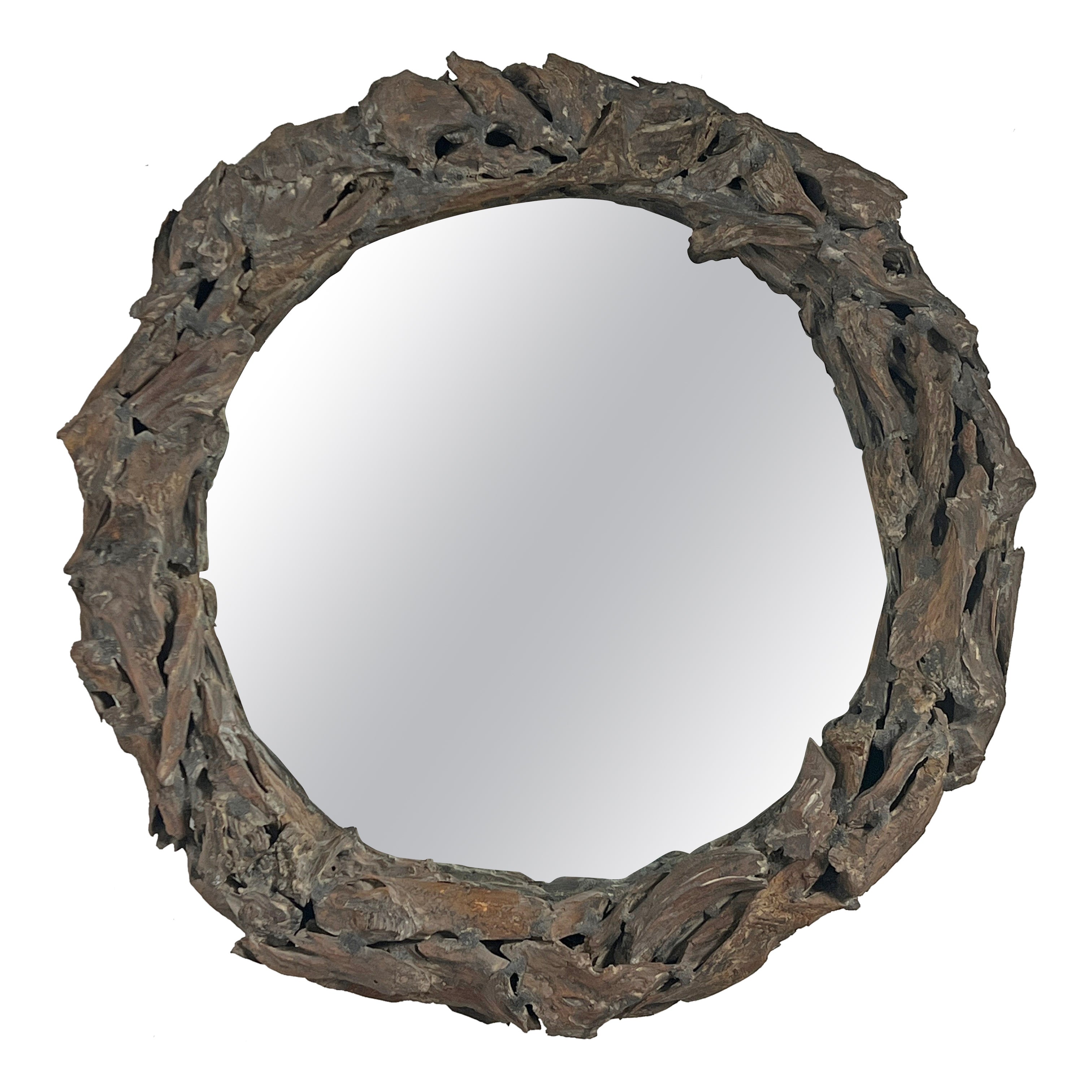 Rustic Coastal Driftwood Rondelle Wall Mirror For Sale