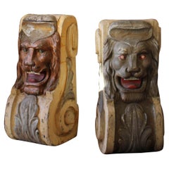 Early 20th Century Large Pair of Carved Lion Fairground Architectural Corbels