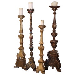 Antique 19th Century Italian Carved Polychrome and Painted Candlesticks, Set of Four