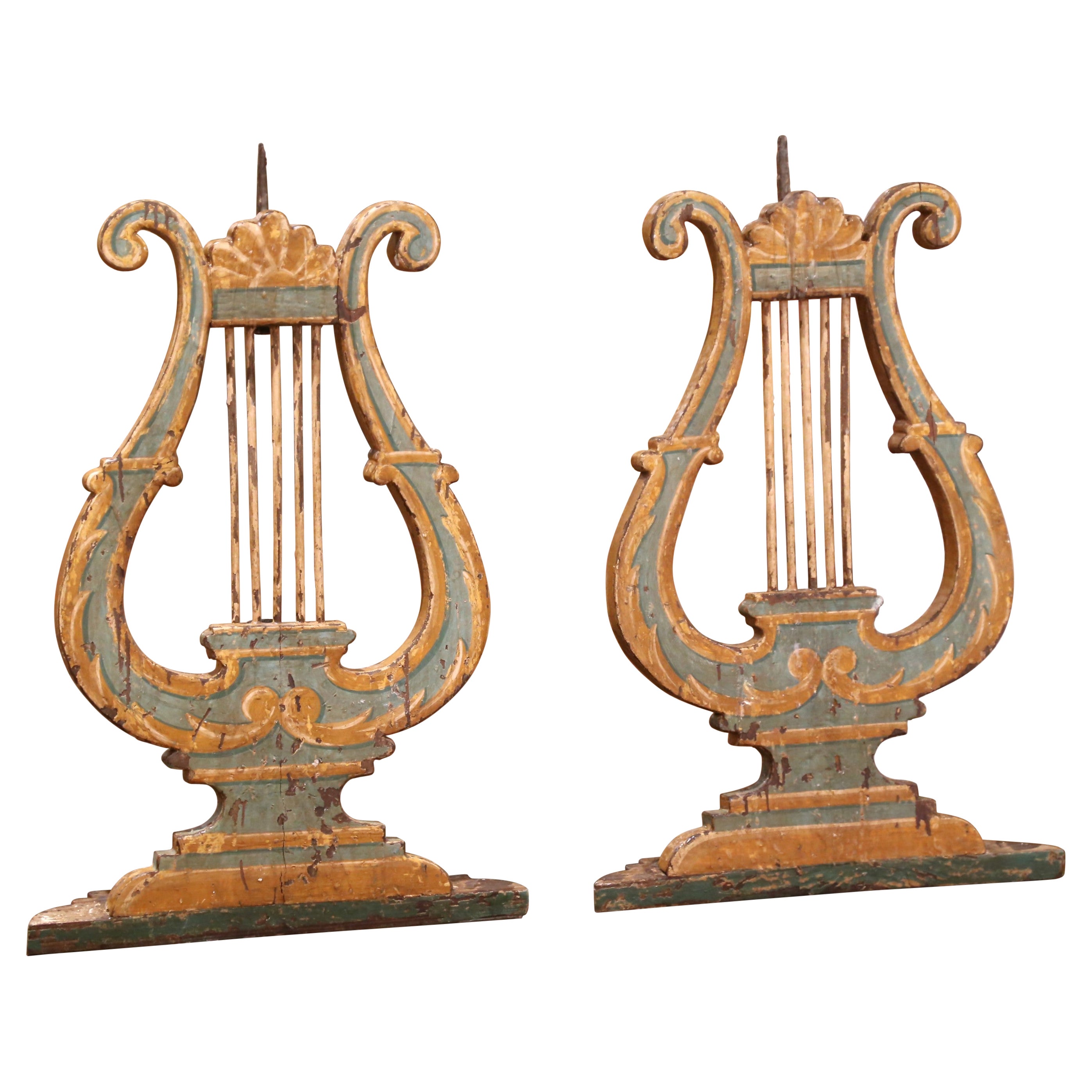 Pair 18th C. Italian Giltwood and Polychrome Lyre-Form Architectural Ornaments For Sale
