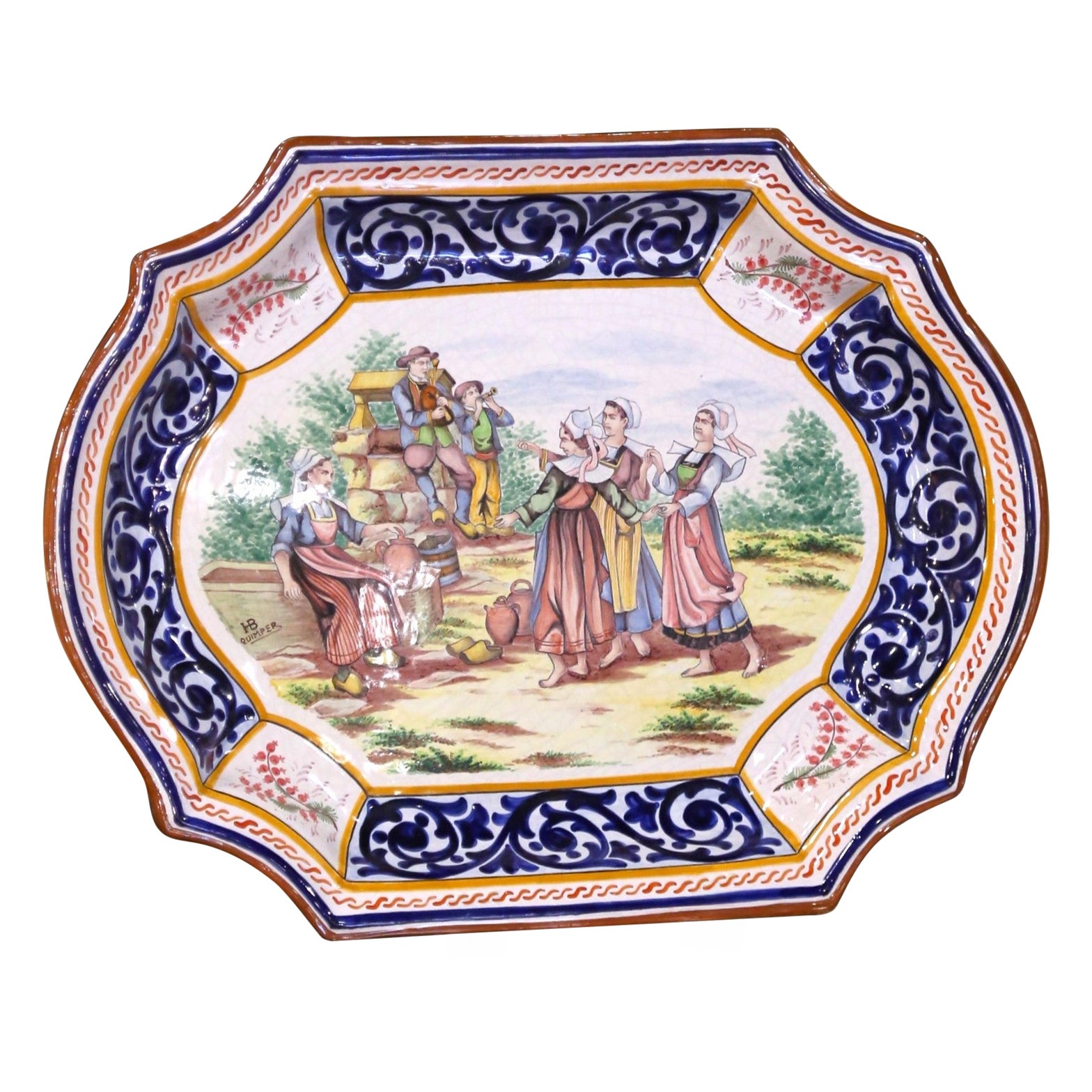 Early 20th C. French HB Quimper Faience Platter with Breton Fountain Scene