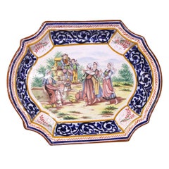 Early 20th C. French HB Quimper Faience Platter with Breton Fountain Scene