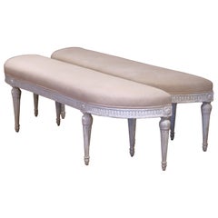 Antique Pair of 19th Century Louis XVI Painted Upholstered Benches with Rounded Corners