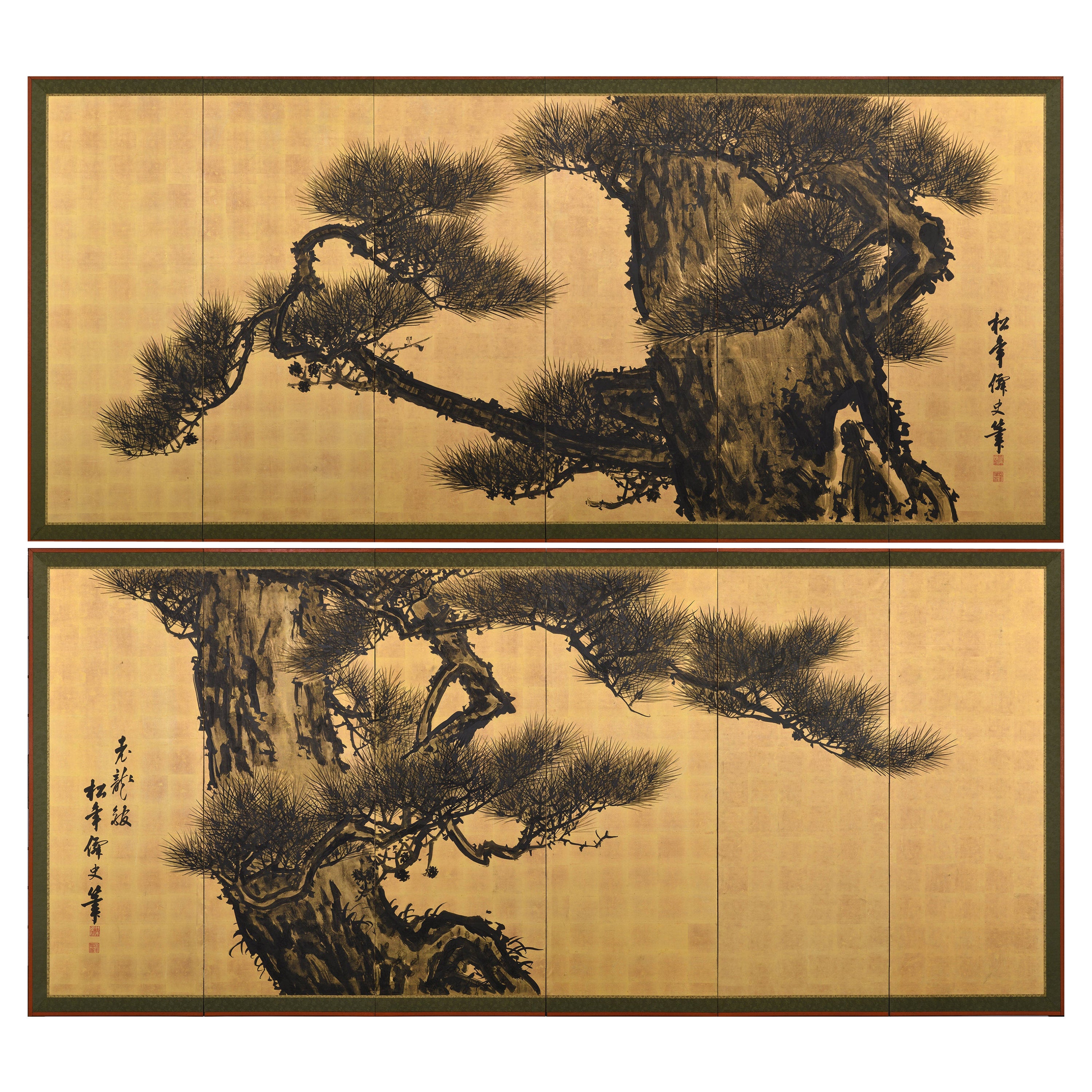 Circa 1900 Japanese Pine Screen Pair. Aged Dragons by Suzuki Shonen. For Sale