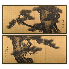 Antique Circa 1900 Japanese Pine Screen Pair. Aged Dragons by Suzuki Shonen.