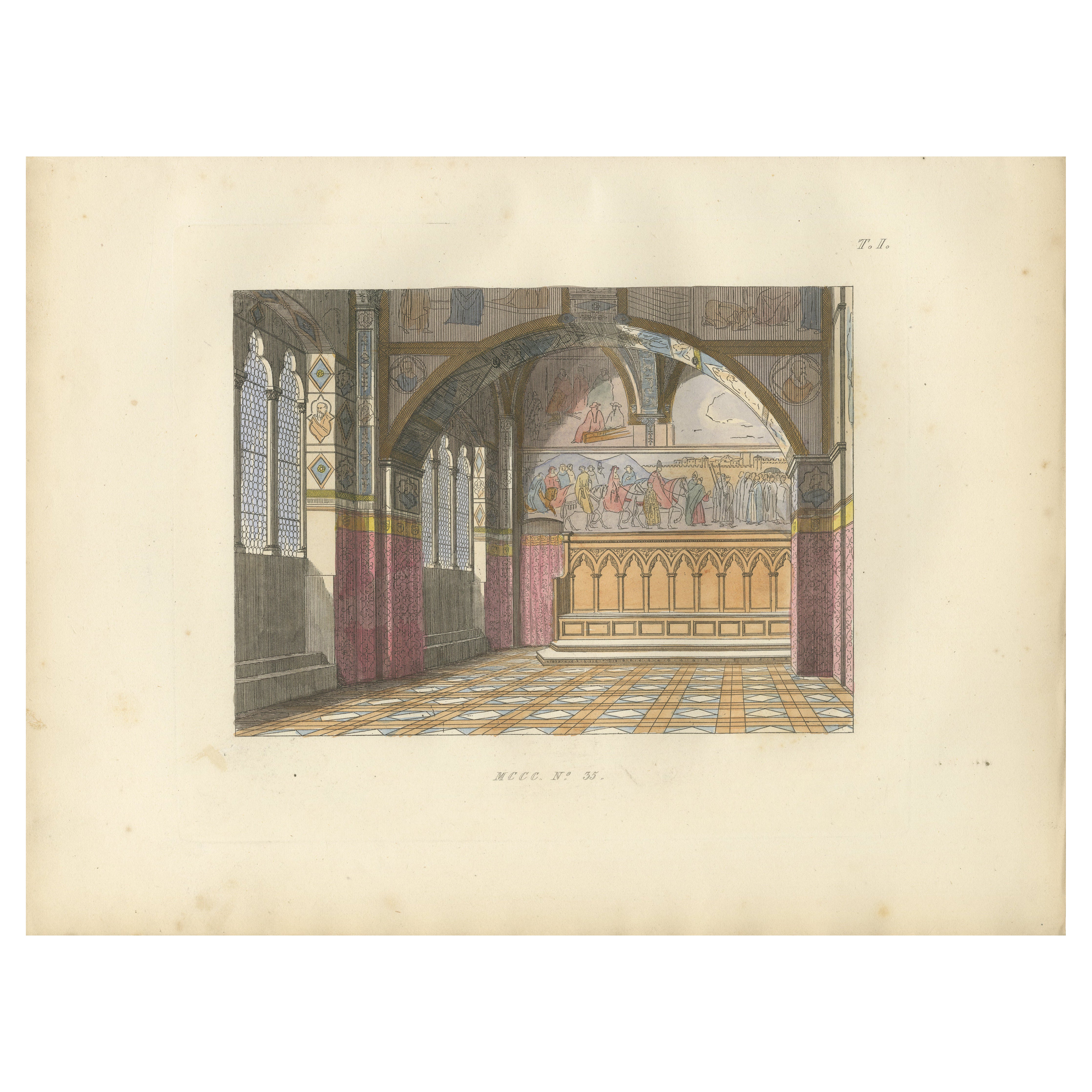 Tribunal di Balia Interior with Gothic Vaulting and Frescoed Wall Frieze - 1845 For Sale