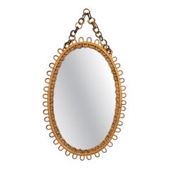 Midcentury Bamboo and Rattan Oval Wall Mirror Franco Albini Style, Italy 1960s