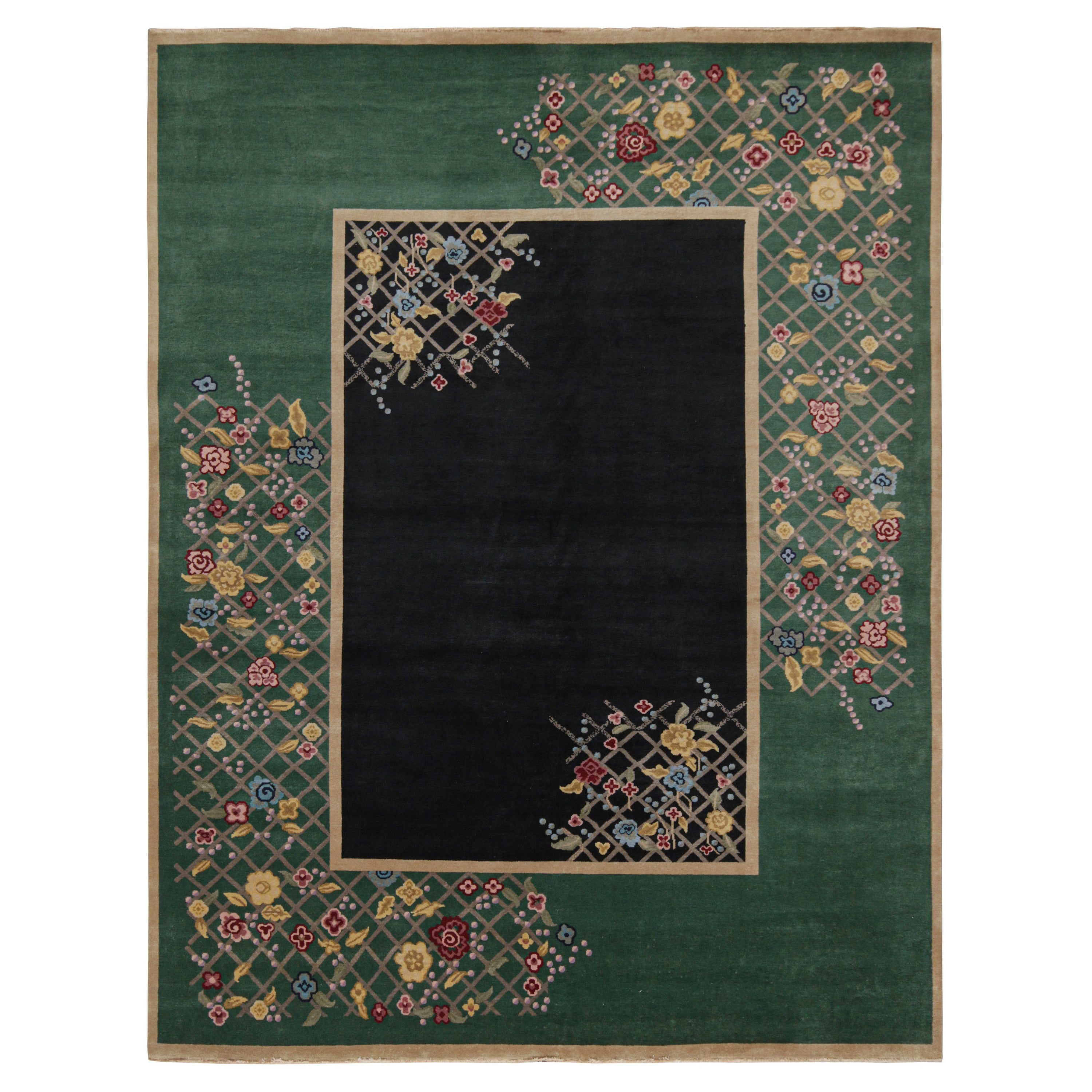 Rug & Kilim’s Chinese Art Deco Style rug in Black & Green with Floral Pattern