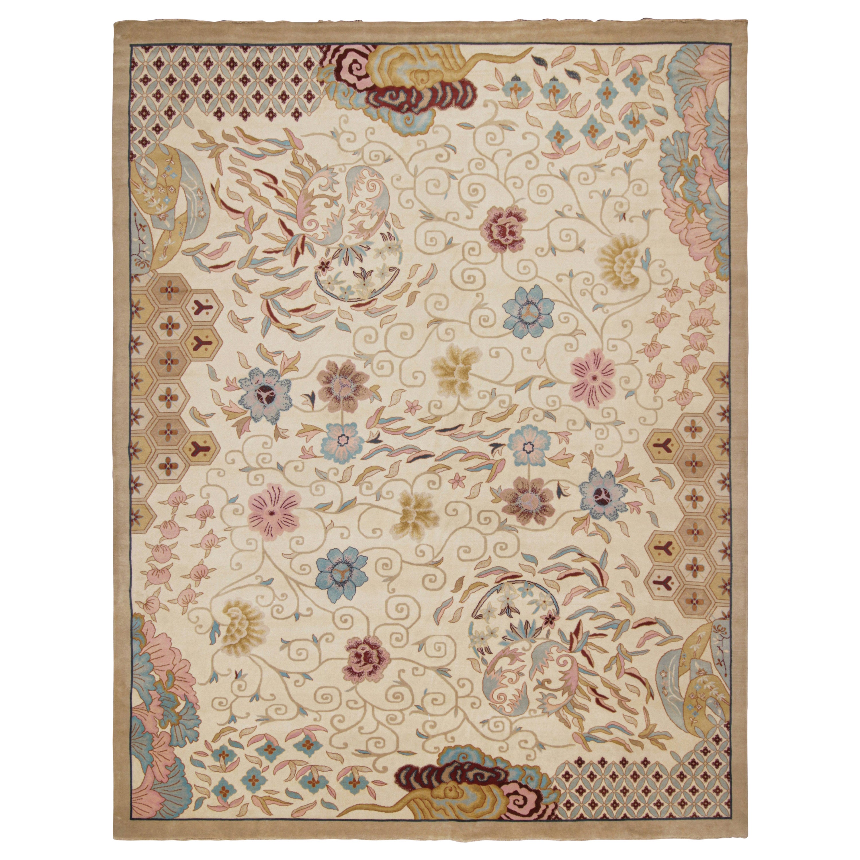 Rug & Kilim’s Chinese Art Deco Style Rug in Beige-Brown with Floral Patterns For Sale