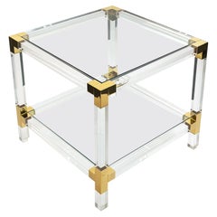 1980s Italian Lucite and Gold-Plated Square Side Table