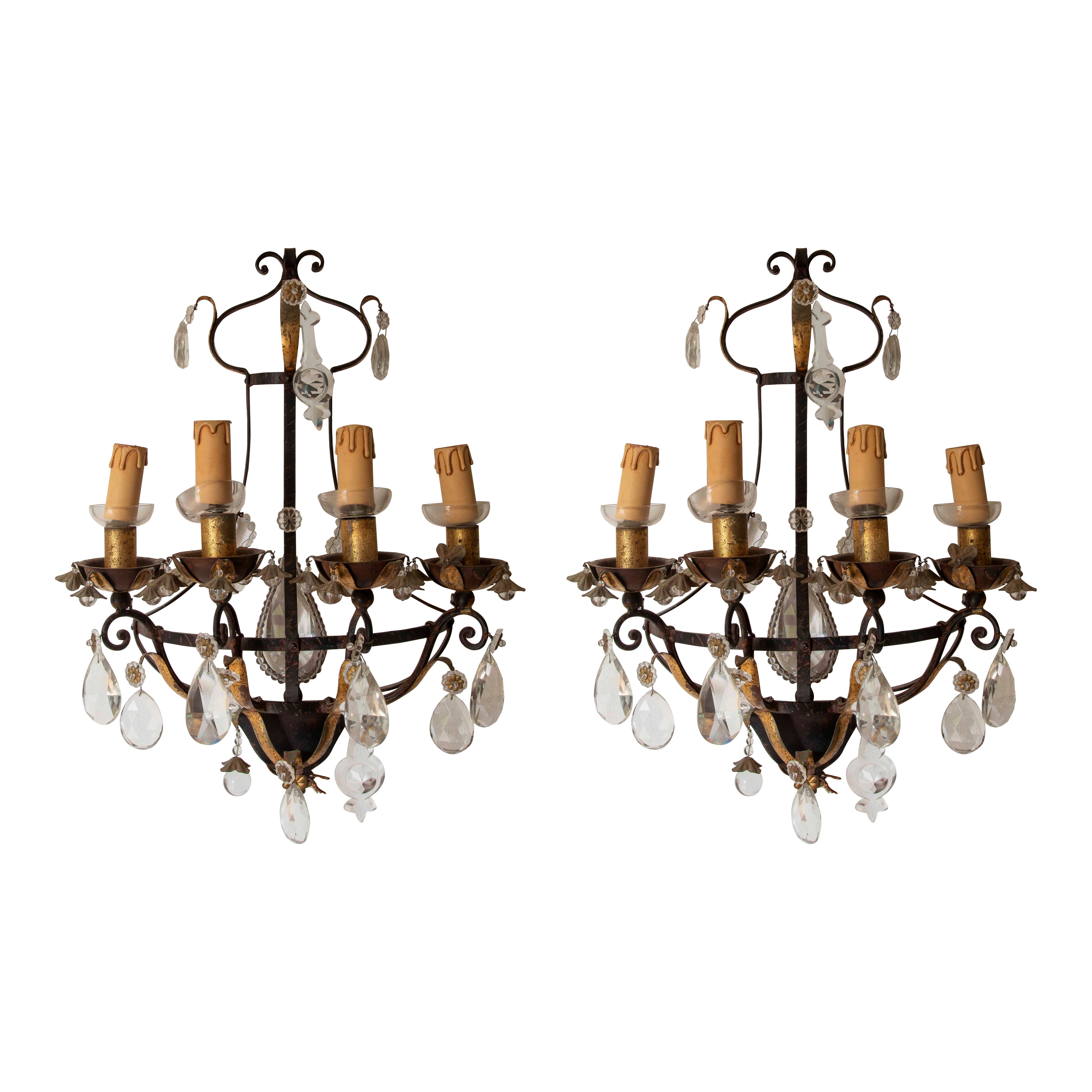 19th Pair of Antique Wrought Iron Wall Sconces with Cut Crystals For Sale